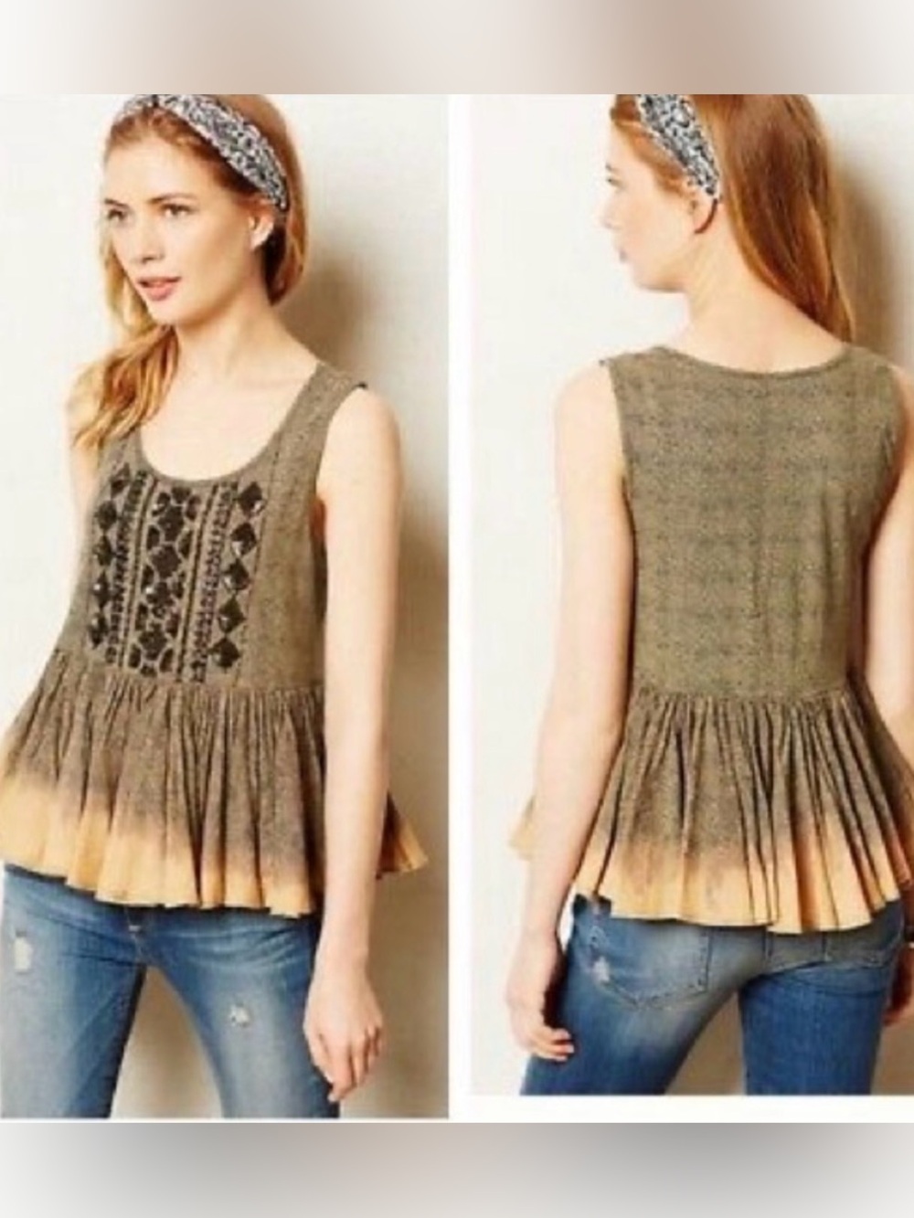 Anthropologie Akemi Kin Anaphora Tank Top Size Small Peplum Yellow Beaded Boho